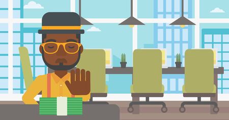 An african-american young businessman sitting at the table in office and moving dollar bills away. Vector flat design illustration. Horizontal layout.のイラスト素材