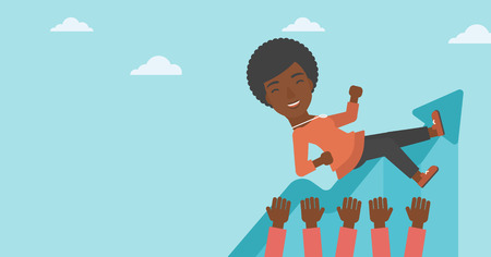 An african-american young business woman get thrown into the air by coworkers during celebration. Successful business concept. Vector flat design illustration. Horizontal layout.のイラスト素材