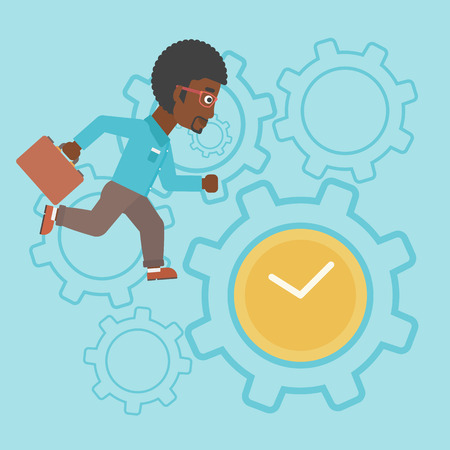 An african-american young businessman with briefcase running on a blue background with clock and cogwheels. Vector flat design illustration. Square layout.のイラスト素材