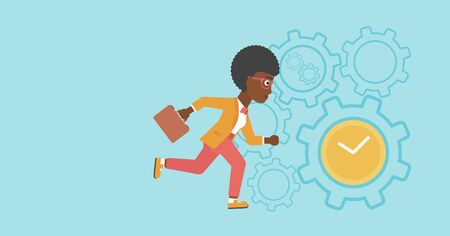 An african-american young business woman with briefcase running on a blue background with clock and cogwheels. Vector flat design illustration. Horizontal layout.のイラスト素材