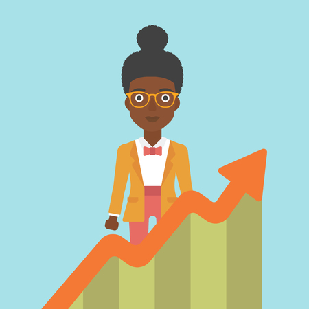 An african-american young business woman standing behind growing chart. Successful business concept. Vector flat design illustration. Square layout.のイラスト素材