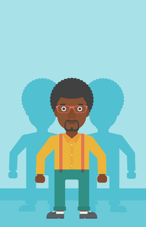 An african-american young man standing with some shadows behind him. Candidat for a position stand out from crowd. Concept of staff recruitment. Vector flat design illustration. Vertical layout.のイラスト素材