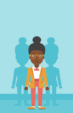 An african-american young woman standing with some shadows behind her. Candidat for a position stand out from crowd. Concept of staff recruitment. Vector flat design illustration. Vertical layout.のイラスト素材