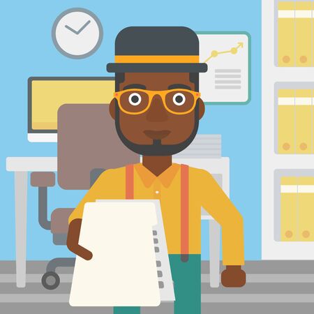 An african-american young businessman giving a resume in office. Man giving to the employer his curriculum vitae. Job interview concept. Vector flat design illustration. Square layout.のイラスト素材