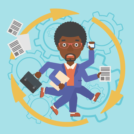 An african-american businessman with many legs and hands holding papers, briefcase, smartphone. Multitasking and productivity concept. Vector flat design illustration. Square layout.のイラスト素材