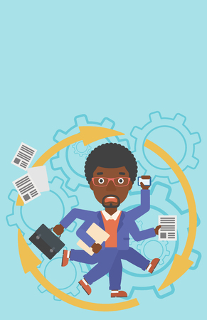 An african-american businessman with many legs and hands holding papers, briefcase, smartphone. Multitasking and productivity concept. Vector flat design illustration. Vertical layout.のイラスト素材