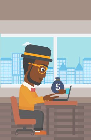 African-american businessman sitting at the table in office and bag of money coming out of his laptop. Online business concept. Vector flat design illustration. Vertical layout.のイラスト素材