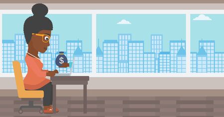 An african-american young business woman sitting at the table in office and a bag of money coming out of her laptop. Online business concept. Vector flat design illustration. Horizontal layout.のイラスト素材