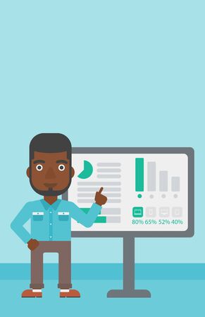 An african-american businessman pointing at charts on a board during business presentation. Man giving business presentation. Vector flat design illustration. Vertical layout.のイラスト素材