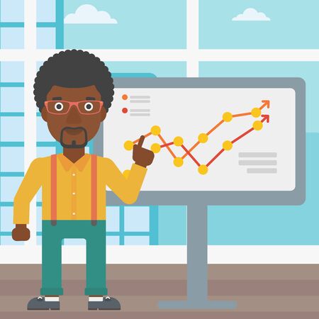 An african-american businessman pointing at charts on a board during business presentation. Businessman giving business presentation. Vector flat design illustration. Square layout.のイラスト素材