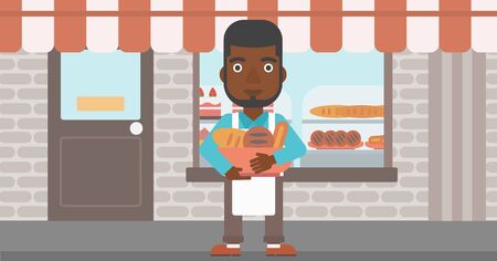 An african-american baker holding basket with bakery products. Baker standing in front of bakery. Baker with bowl full of bread. Vector flat design illustration. Horizontal layout.のイラスト素材