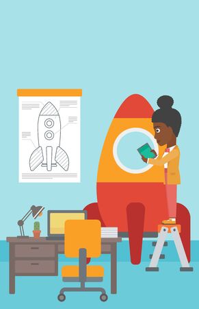 An african-american woman standing on ladder and engeneering a rocket. Woman working on the start up of a new business. Business start up concept. Vector flat design illustration. Vertical layout.のイラスト素材