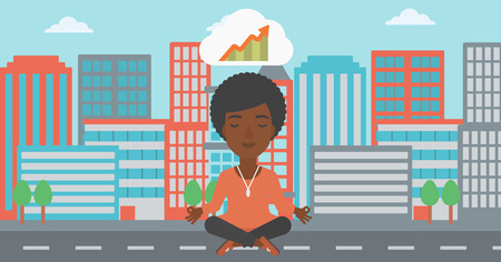 An african-american business woman with eyes closed doing yoga and meditating in lotus pose outdoors and thinking about the growth graph. Vector flat design illustration. Horizontal layout.のイラスト素材