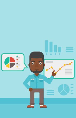 An african-american businessman pointing at charts on a board during business presentation. Man giving a business presentation. Vector flat design illustration. Vertical layout.のイラスト素材