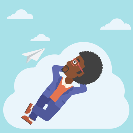 An african-american businessman lying on a cloud and looking at flying paper plane. Businessman relaxing on a cloud. Vector flat design illustration. Square layout.のイラスト素材