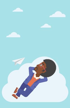 An african-american businessman lying on a cloud and looking at flying paper plane. Businessman relaxing on a cloud. Vector flat design illustration. Vertical layout.のイラスト素材