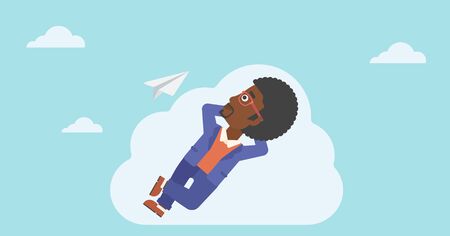 An african-american businessman lying on a cloud and looking at flying paper plane. Businessman relaxing on a cloud. Vector flat design illustration. Horizontal layout.のイラスト素材