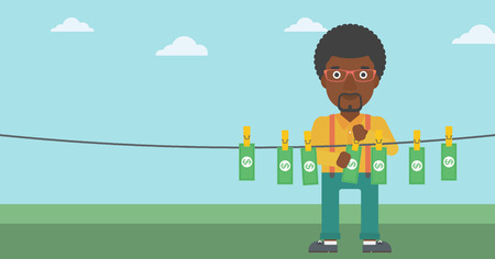 An african-american businessman drying banknotes on the clothesline on the background of blue sky. Man loundering money. Vector flat design illustration. Horizontal layout.のイラスト素材