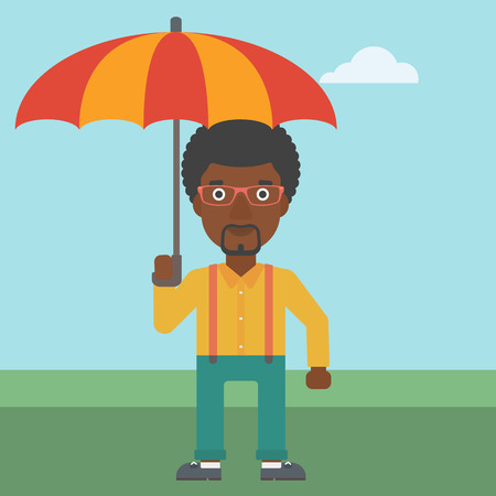 An african-american businessman standing with open umbrella on the background of blue sky. Businessman under open umbrella. Happy man with umbrella. Vector flat design illustration. Square layout.のイラスト素材