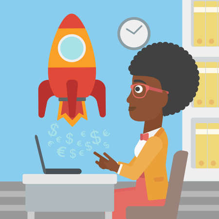 An african-american business woman sitting at the table and looking at a business start up rocket taking off. Business start up concept. Vector flat design illustration. Square layout.のイラスト素材