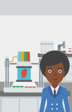An african-american woman with 3D printer making a heart on the background of laboratory. Woman working with 3D printer. Vector flat design illustration. Vertical layout.のイラスト素材