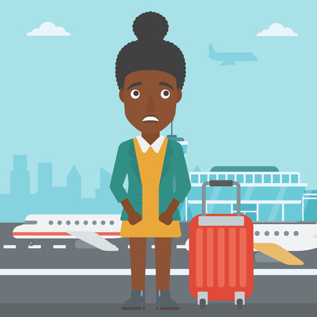 An african-american woman frightened by future flight. Woman standing at airport and suffering from fear of flying. Phobia, fear of flying concept. Vector flat design illustration. Square layout.のイラスト素材