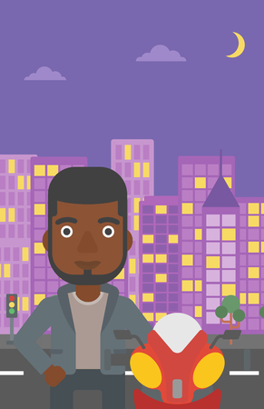 An african-american young man standing near motorcycle on the background of night city. Vector flat design illustration. Vertical layout.のイラスト素材