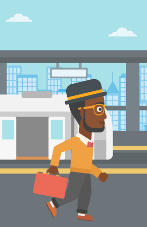 An african-american young man walking on the train platform on the background of train with open doors. Vector flat design illustration. Vertical layout.のイラスト素材