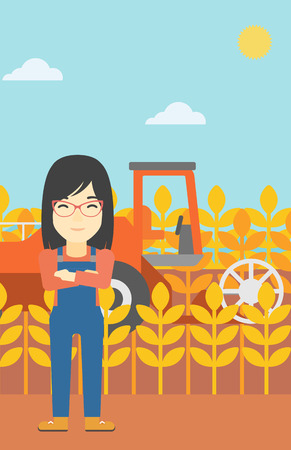An asian female farmer standing on the background of combine harvesting wheat. Young farmer working on a wheat field. Vector flat design illustration. Vertical layout.のイラスト素材