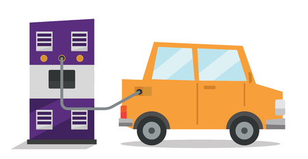 Car at gas station being filled with fuel vector flat design illustration isolated on white background.のイラスト素材