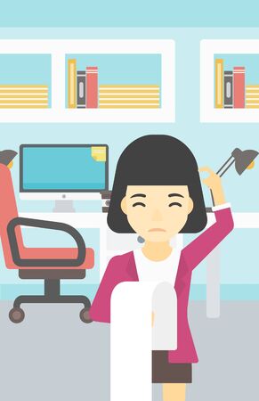 Young worried asian business woman standing in the office and holding a long bill. Concept of business bankruptcy. Vector flat design illustration. Vertical layout.のイラスト素材