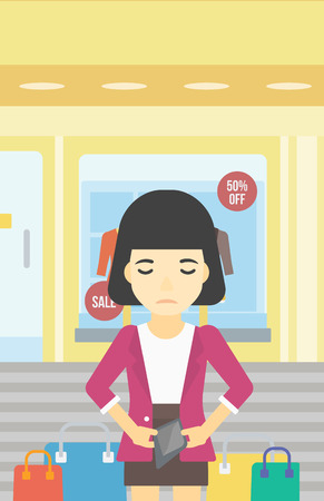 An asian young woman showing her epmty wallet on the background of showcase of a store. Bankruptcy concept. Vector flat design illustration. Vertical layout.のイラスト素材