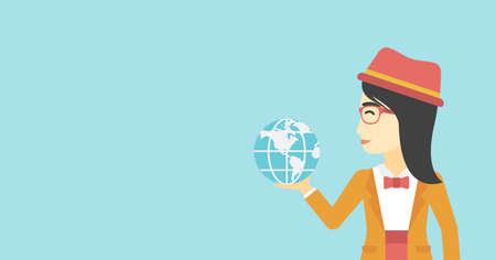 An asian  young business woman holding Earth globe in hand. Concept of global business. Vector flat design illustration. Horizontal layout.のイラスト素材