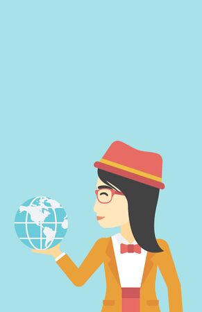 An asian  young business woman holding Earth globe in hand. Concept of global business. Vector flat design illustration. Vertical layout.のイラスト素材
