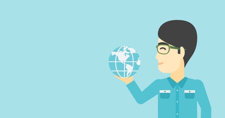 An asian  young businessman holding Earth globe in hand. Concept of global business. Vector flat design illustration. Horizontal layout.のイラスト素材