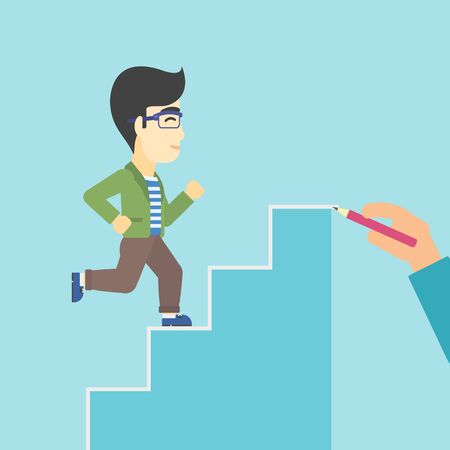 An asian businessman running up the stairs drawn by hand with pencile. Concept of business career. Vector flat design illustration. Square layout.のイラスト素材