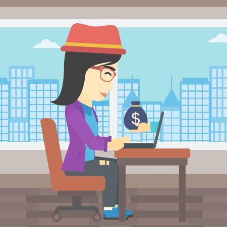 An asian  young business woman sitting at the table in office and a bag of money coming out of her laptop. Online business concept. Vector flat design illustration. Square layout.のイラスト素材