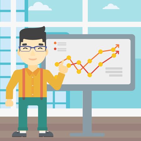 An asian young businessman pointing at charts on a board during business presentation. Happy businessman giving business presentation. Vector flat design illustration. Square layout.のイラスト素材