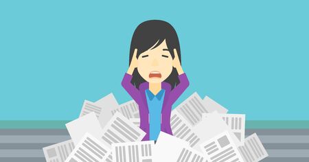 An asian stressed business woman clutching her head because of having a lot of work to do. Busy business woman with lots of papers. Vector flat design illustration. Horizontal layout.のイラスト素材