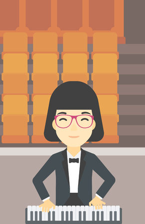 An asian smiling musician playing piano. Pianist playing upright piano. Female artist playing on synthesizer. Vector flat design illustration. Vertical layout.のイラスト素材