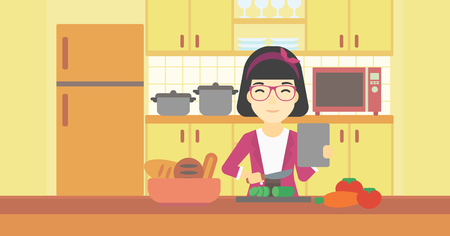 An asian woman cutting vegetables for salad. Woman following recipe for salad on digital tablet. Woman cooking healthy salad in kitchen. Vector flat design illustration. Horizontal layout.のイラスト素材