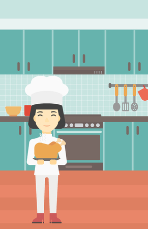 An asian chief cooker holding roasted chicken in the kitchen. Chief cooker with whole baked chicken. Chief cooker with fried chicken. Vector flat design illustration. Vertical layout.のイラスト素材