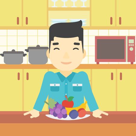 An asian man standing in front of table full of fresh fruits in the kitchen. Man with plate full of fruits. Vector flat design illustration. Square layout.のイラスト素材