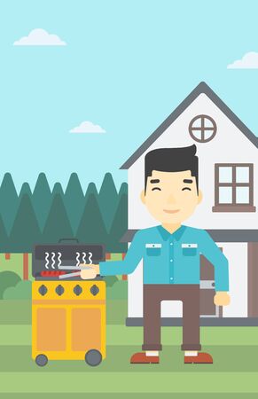 An asian man cooking meat on gas barbecue grill in the backyard. Man preparing food on barbecue grill. Man having outdoor barbecue. Vector flat design illustration. Vertical layout.のイラスト素材