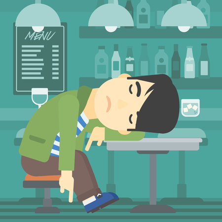 An asian drunk man deeply sleeping near the bottle of wine and glass on table. Drunk man sleeping in bar. Alcohol addiction concept. Vector flat design illustration. Square layout.のイラスト素材