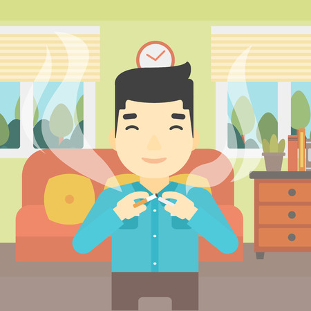 An asian man breaking the cigarette. Man crushing cigarette. Man holding broken cigarette on the background of living room. Quit smoking concept. Vector flat design illustration. Square layout.のイラスト素材