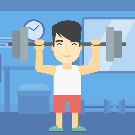 An asian young man lifting a heavy weight barbell. Strong sportsman doing exercise with barbell in the gym. Male weightlifter holding a barbell. Vector flat design illustration. Square layout.のイラスト素材