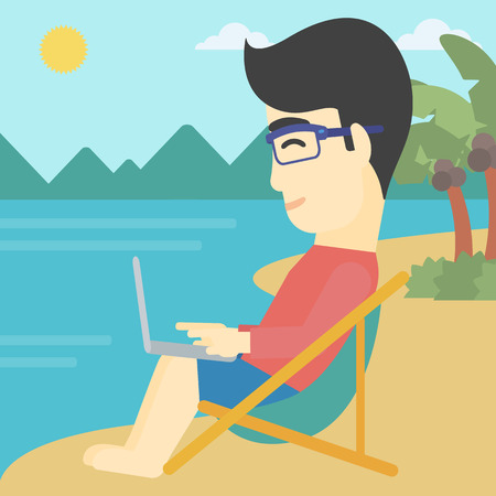 An asian young businessman working on the beach. Businessman sitting in chaise lounge and working on a laptop. Vector flat design illustration. Square layout.のイラスト素材