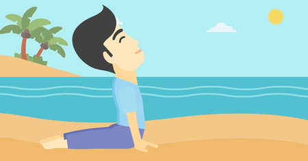 An asian young man practicing yoga upward dog pose. Man meditating in yoga upward dog position on the beach. Man doing yoga on nature. Vector flat design illustration. Horizontal layoutのイラスト素材
