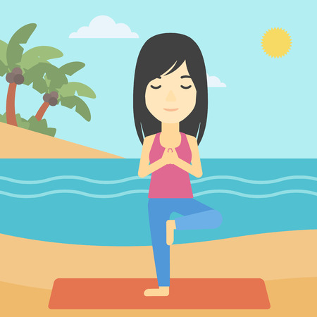 An asian young woman standing in yoga tree position. Woman meditating in yoga tree position on the beach. Man doing yoga on nature. Vector flat design illustration. Square layout.のイラスト素材